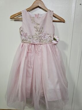 Girls Pink Floral Applique Tulle Party Dress